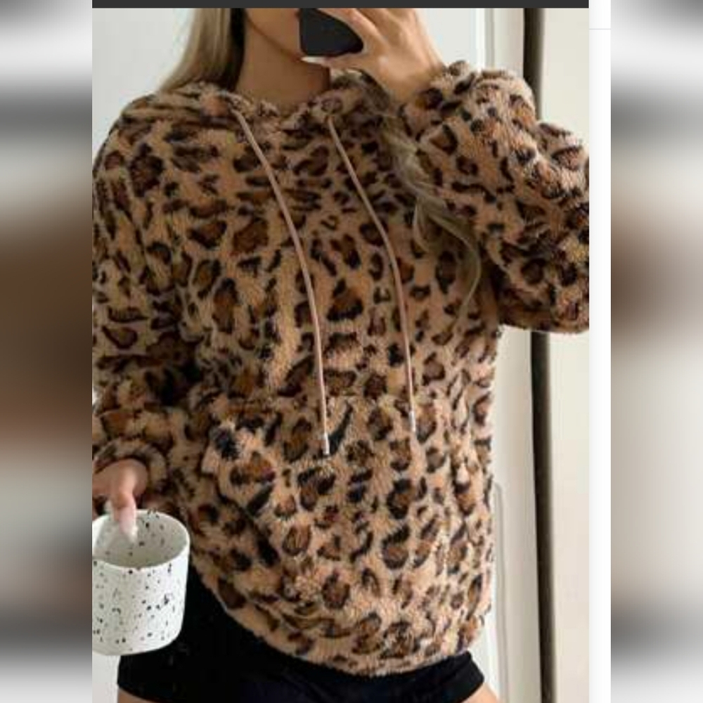 Shein Cozy Leopard Print Hoodie - Brown Faux Fur Pullover.